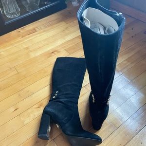 Anne Klein Black Suede Knee High Boots with Gold Details and Full length zipper